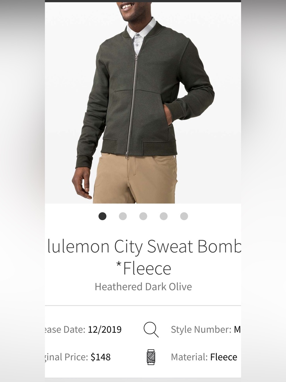 Lululemon Men's Zip-Front Bomber Sweater in Dark Olive